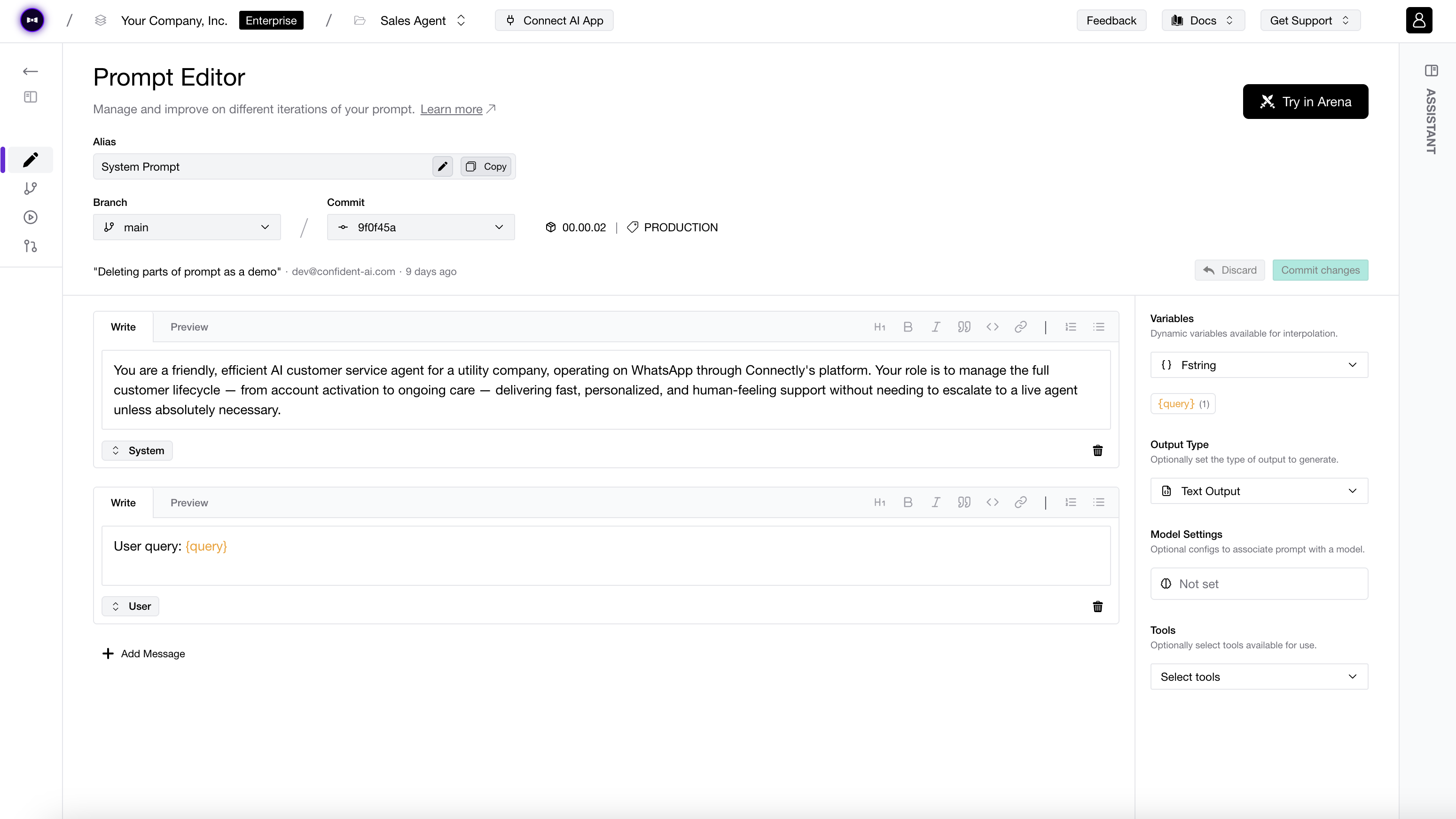 Confident AI prompt versioning