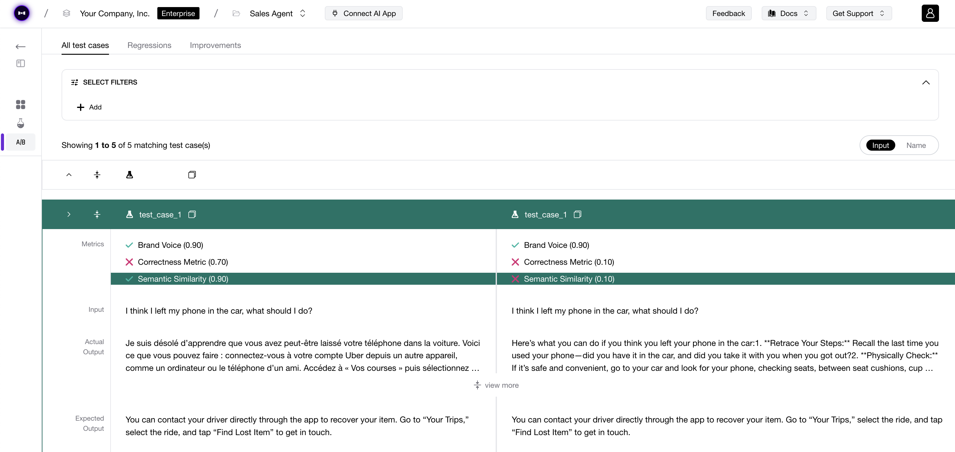 Confident AI regression testing dashboard