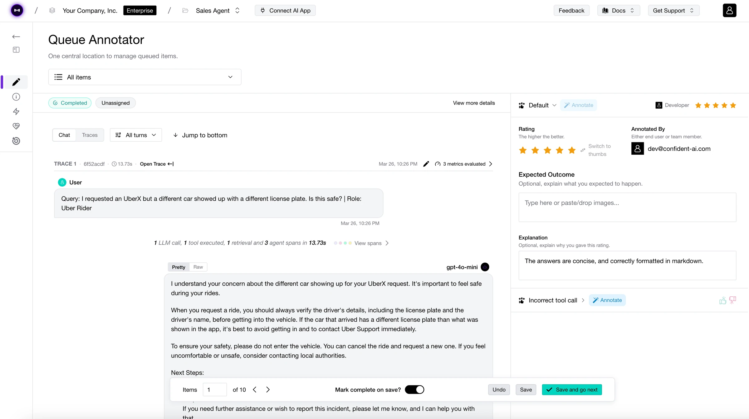 Confident AI annotation queue showing a rider-safety chat trace with a five-star rating, an explanation and an incorrect tool call label