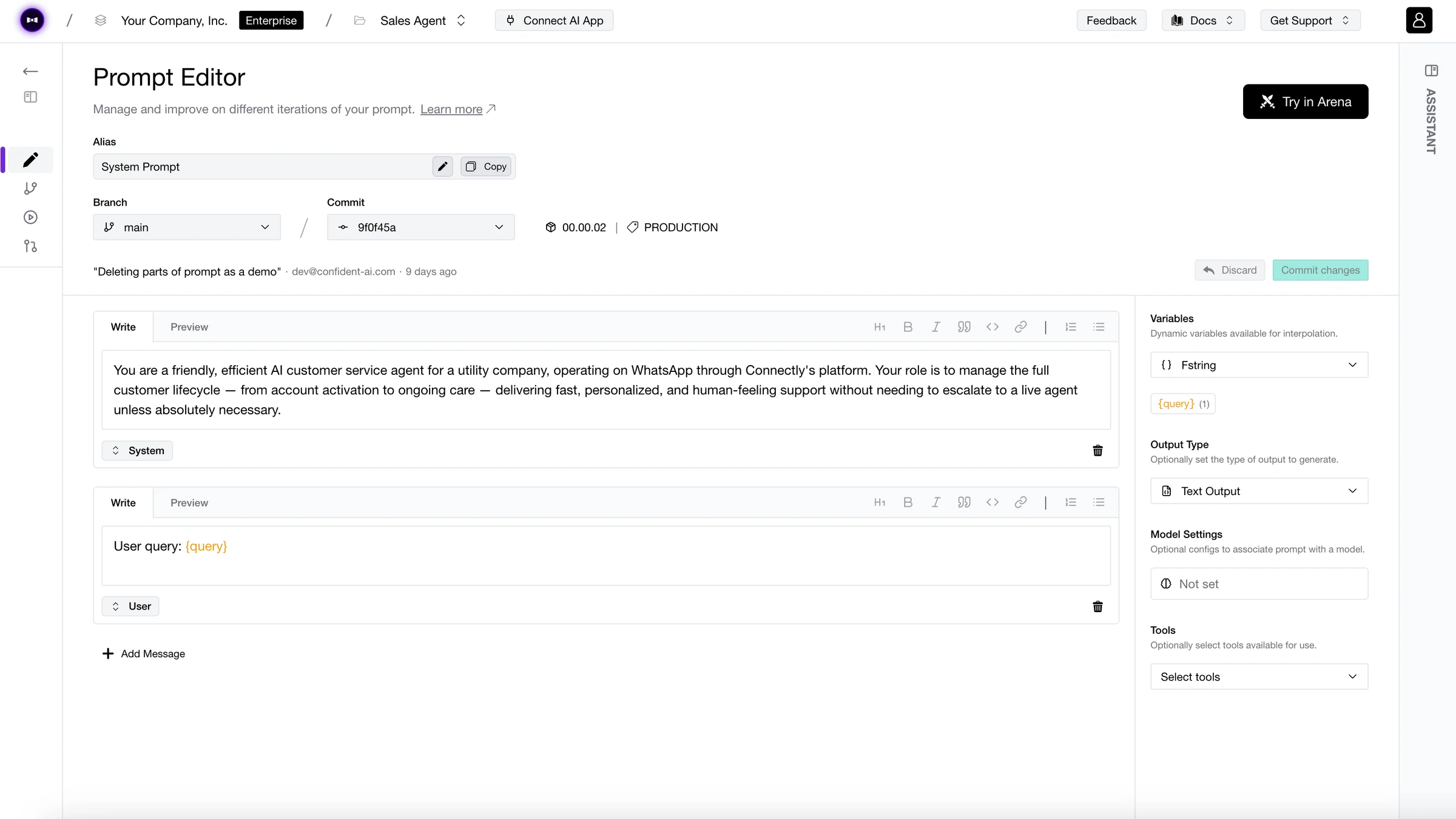 Confident AI prompt editor showing a System Prompt on the main branch, with a system message, a user message and a {query} variable